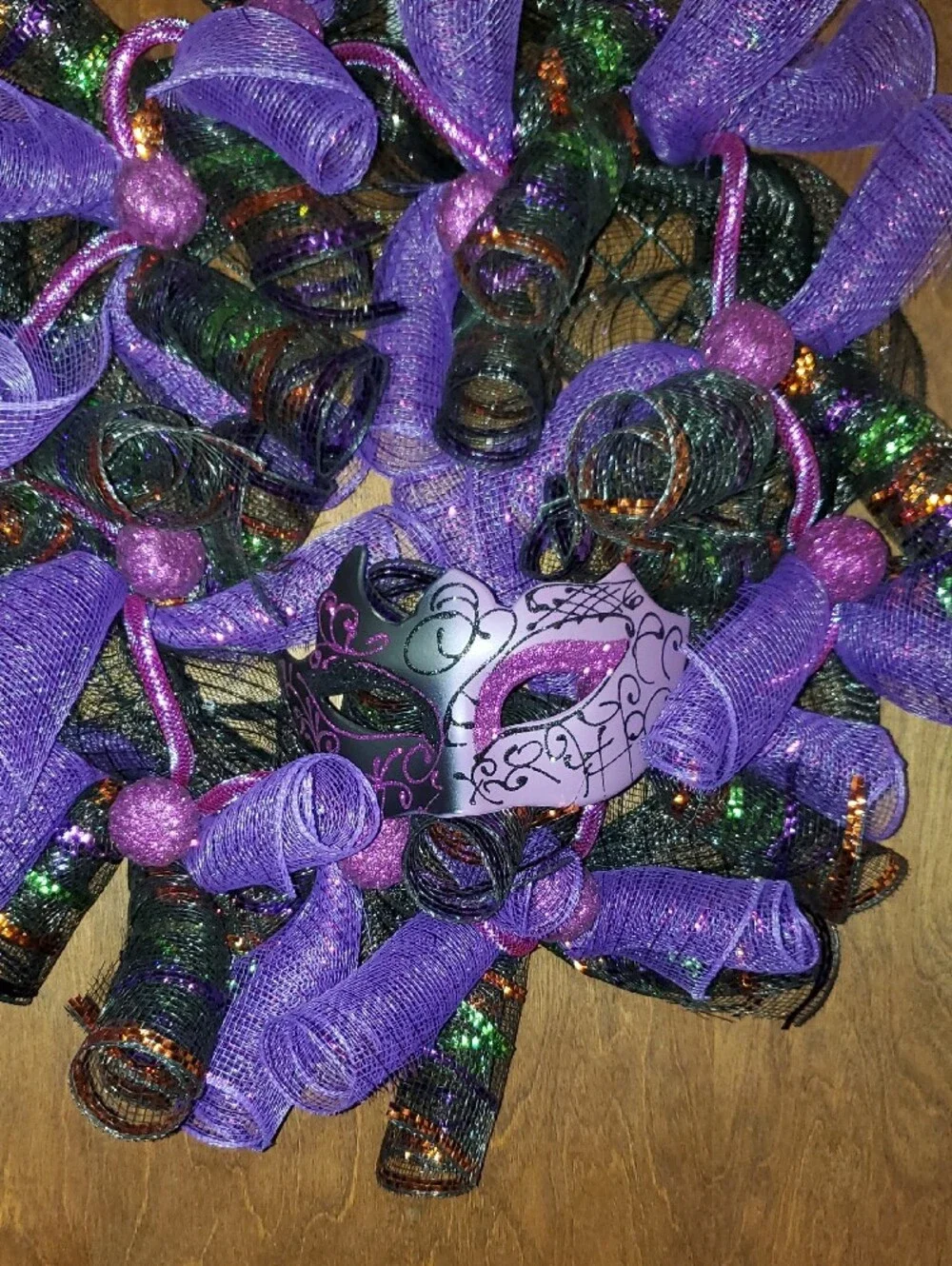 Purple Mardi Gras Decorative Wreath with Mask Accent